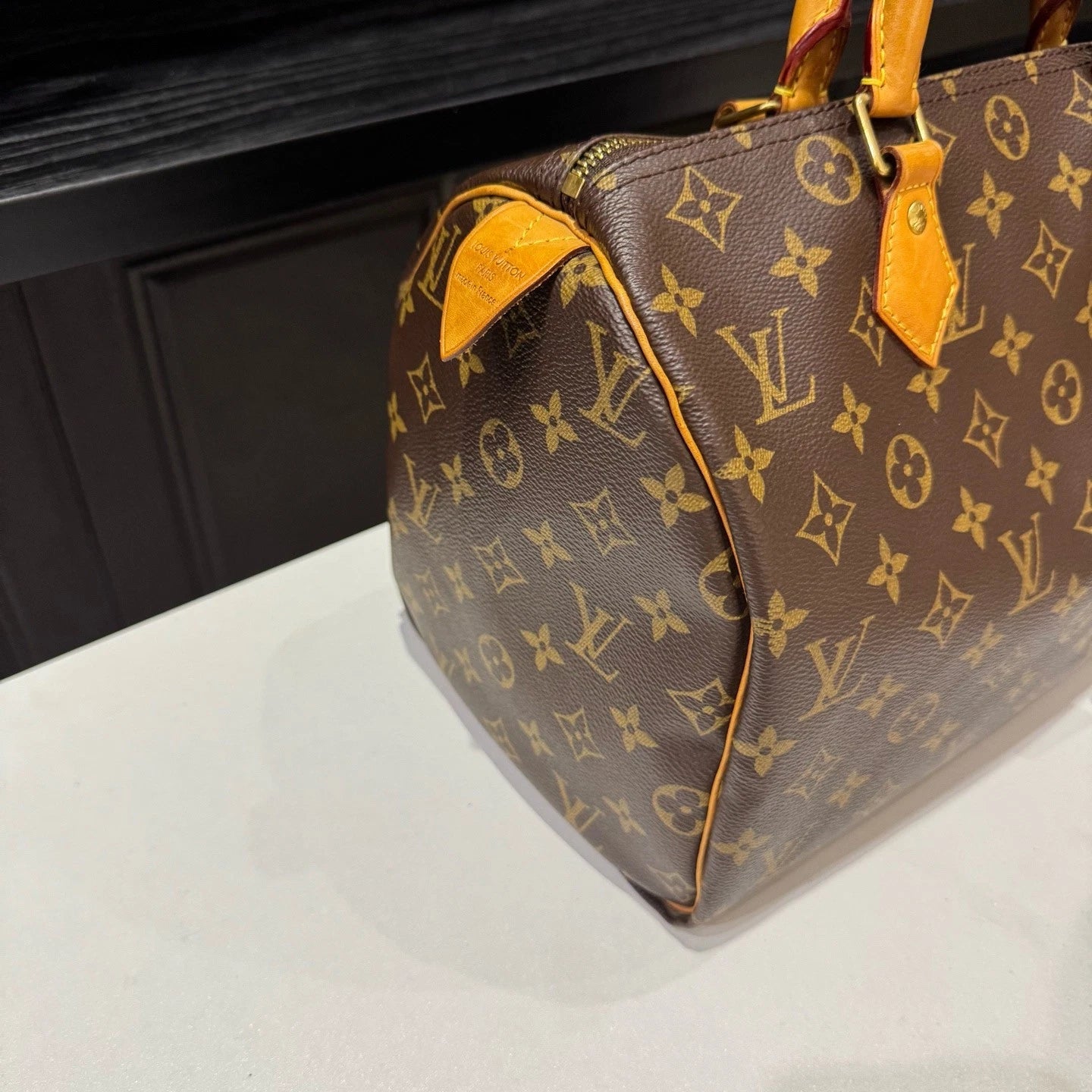 Louis Vuitton Speedy30 Monogram Canvas Top Handle Bag Brown Gold Women Classic