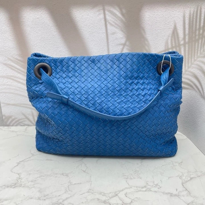 Authentic Bottega Veneta Blue Lamskin Woven Shoulder Handbag For Women