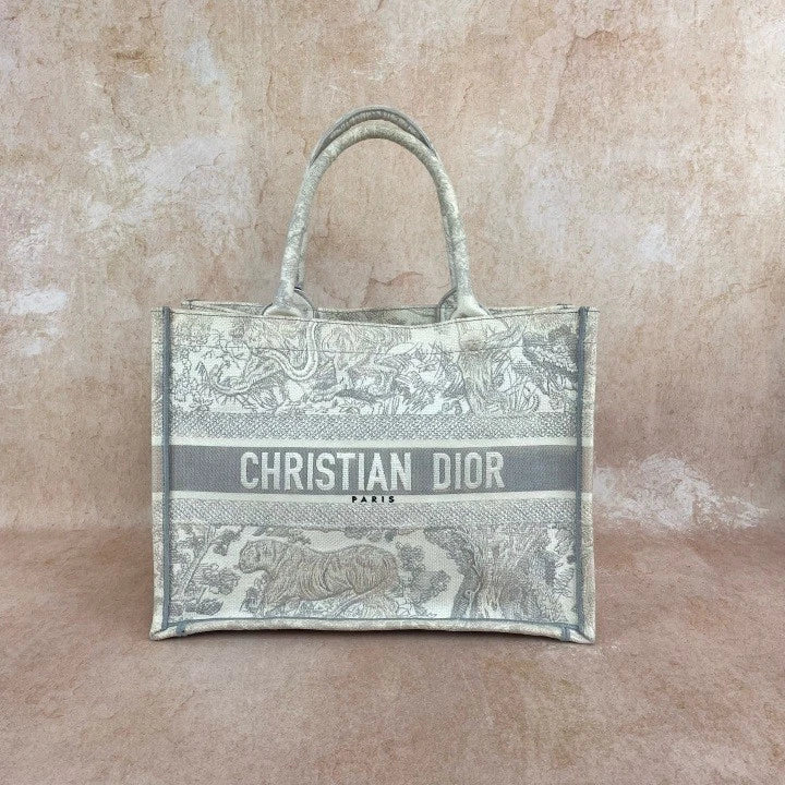 Dior Gray White Embroidered Canvas Medium Tote Handbag For Women