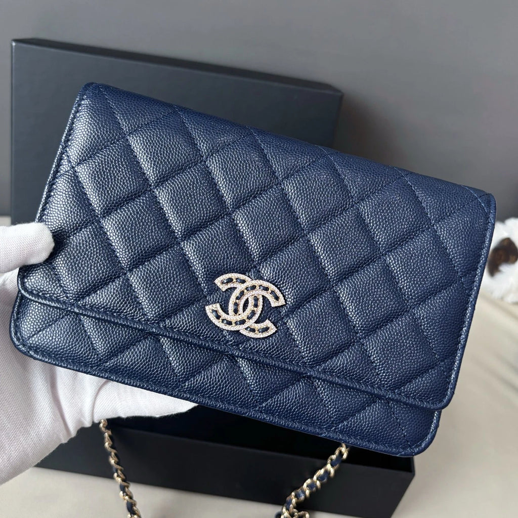 Excellent Chanel WOC Calfskin Blue Shoulder Bag Crossbody Gold Hardware Diamond