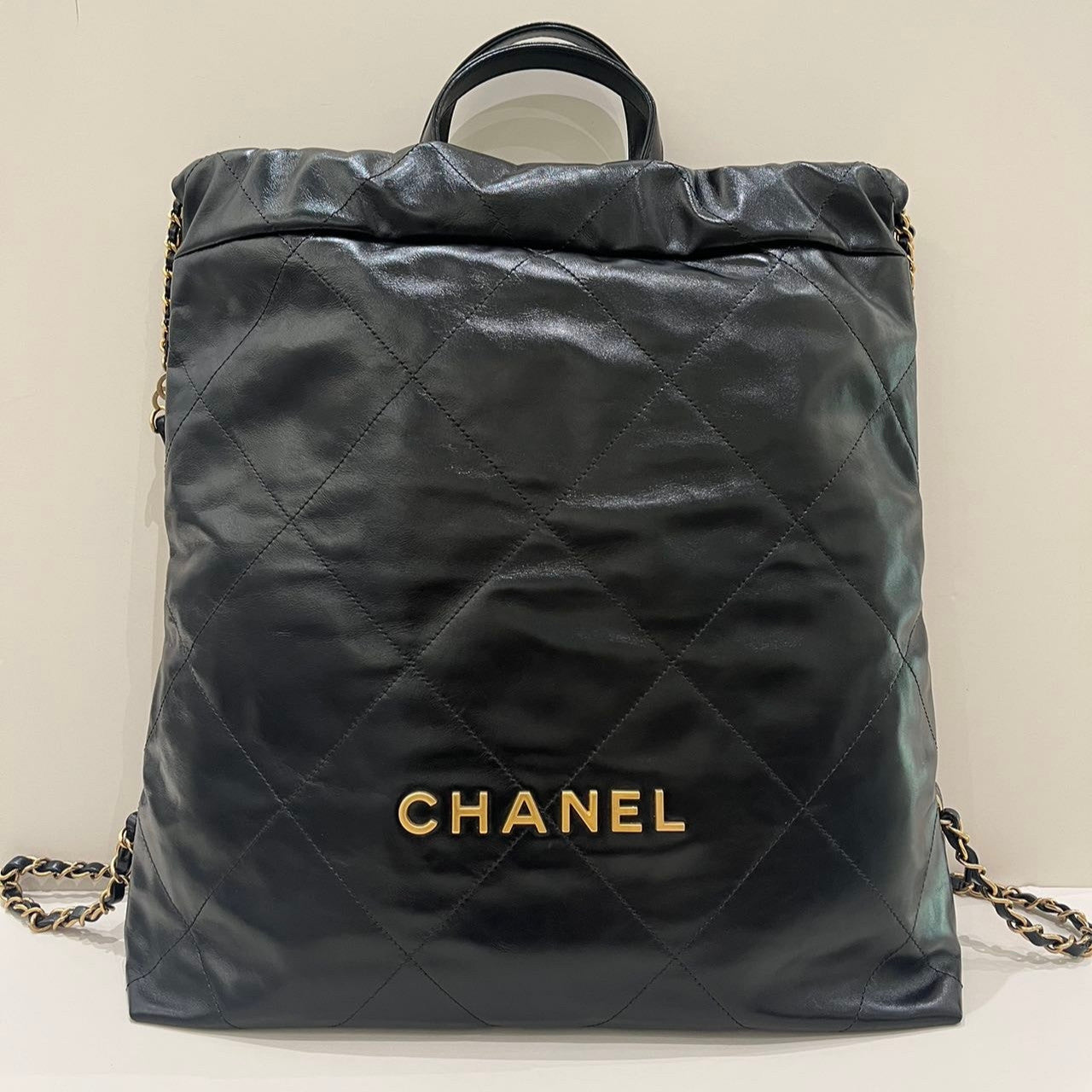 Chanel 22 Bag Medium Black Gold Quilted Chain Backpack Classic Women