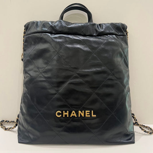 Chanel 22 Bag Medium Black Gold Quilted Chain Backpack Classic Women