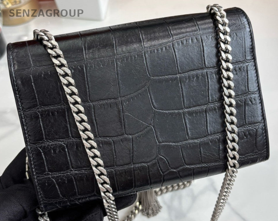 YSL Saint Lauren Kate Chain Shoulder Crossbody Bag Black Silver Classic
