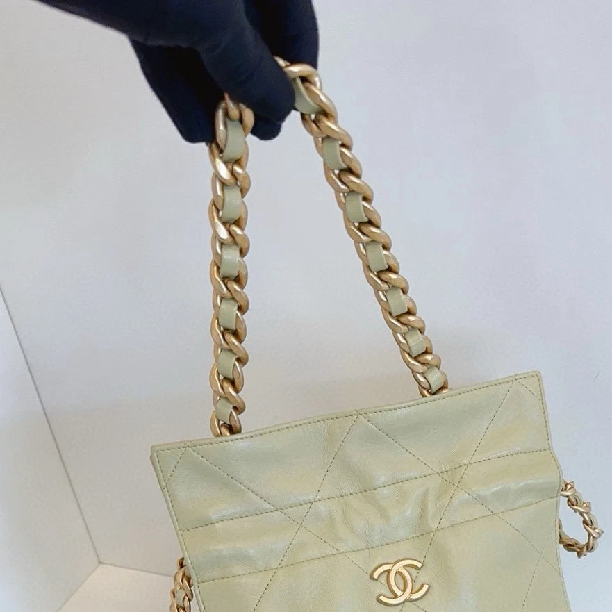 Chanel Tote PM Chain Top Handle Bag Green Gold Diamond Women Classic