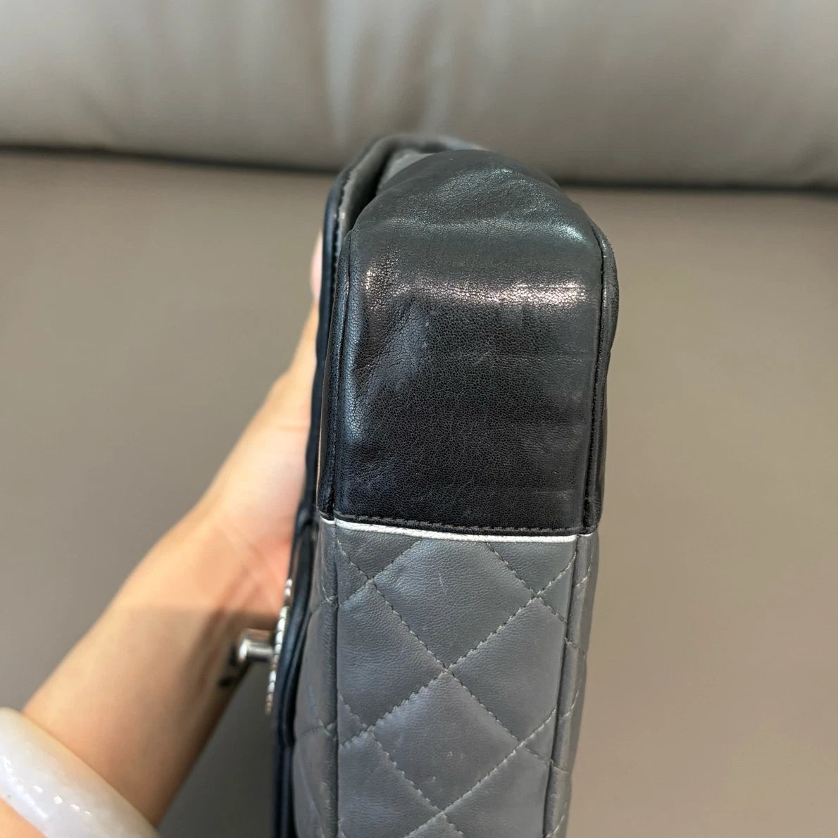 Chanel Classic Flap Diamond Silver Chain Shoulder Bag Crossbody Gray and Black