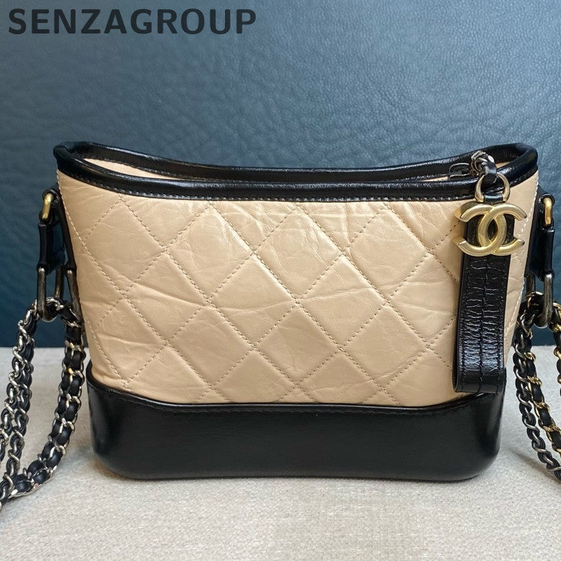 Chanel Small Gabrielle Hobo Bag Beige Black Quilted Chain Shoulder Crossbody