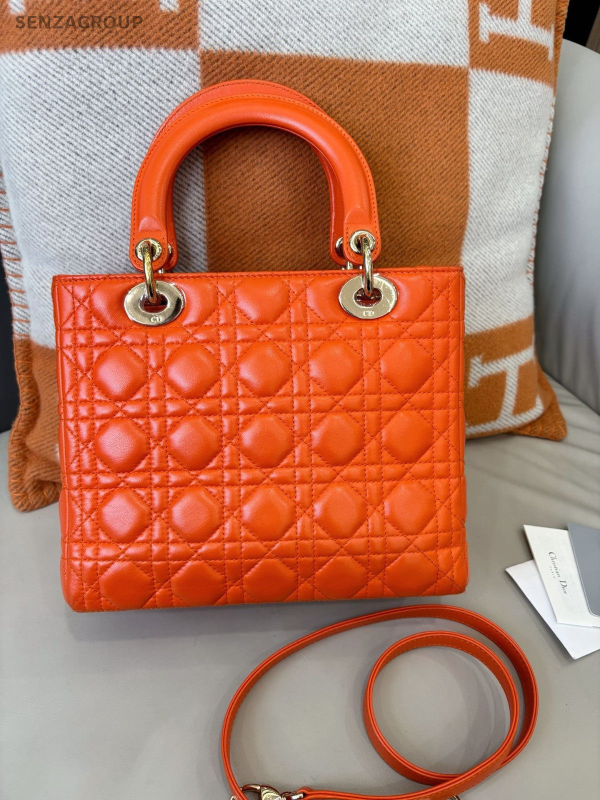 Christian Dior Lady Top Handle Lambskin 2WAY Shoulder Handbag Women Orange