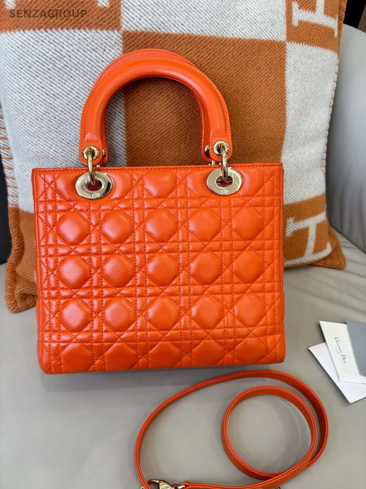 Christian Dior Lady Top Handle Lambskin 2WAY Shoulder Handbag Women Orange