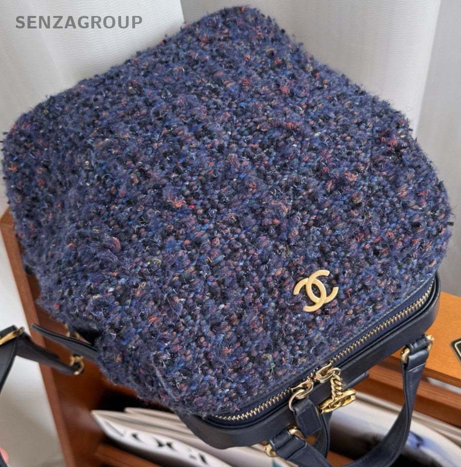 Chanel Calfskin Backpack Blue Gold Used Women Classic Fashion