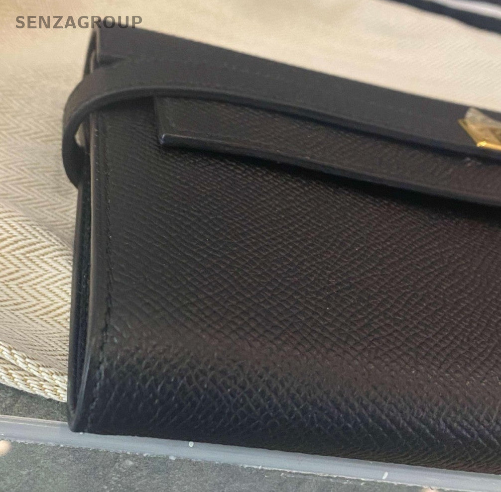 Hermes Kelly Long Wallet Epsom Leather Clutch Black Gold Used Women Classic