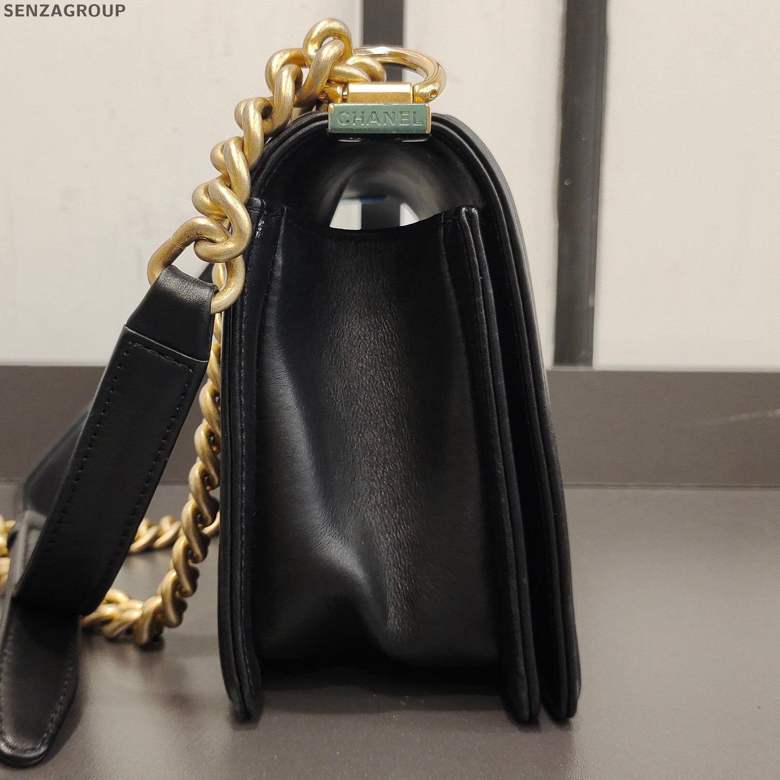 Chanel Le Boy Medium Black Gold Chevron Chain Shoulder Bag Classic