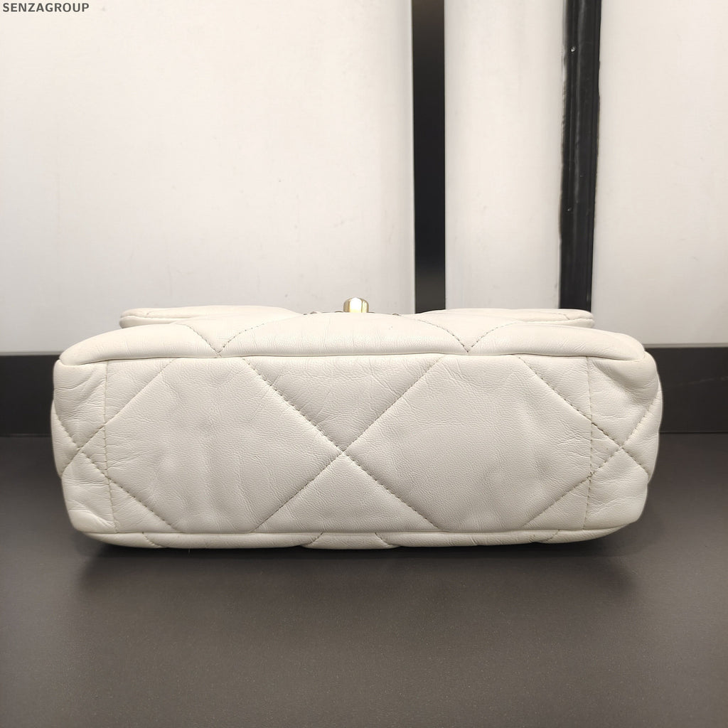 Chanel 19 Bag Quilted Lambskin Chain Shoulder Bag White Gold Women