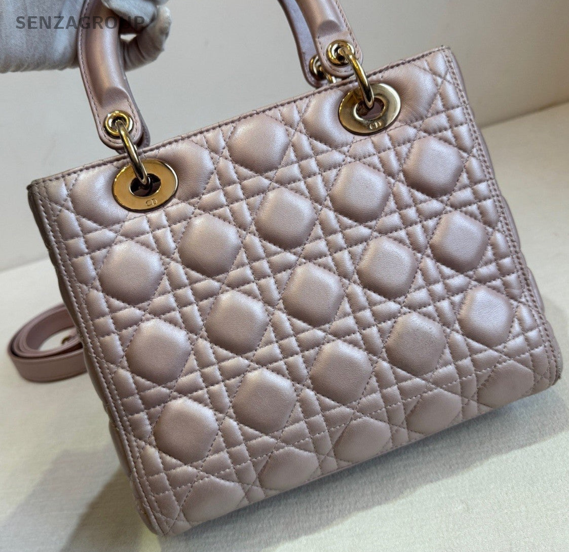 Christian Dior Lady Dior Lambskin Top Handle Bag Crossbody Pink Gold Used Women