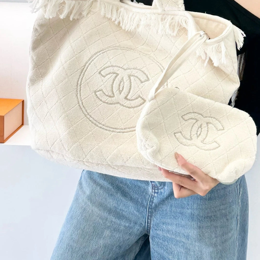 Chanel Coco Beach Tote Top Handle Shoulder Bag White Women Classic S