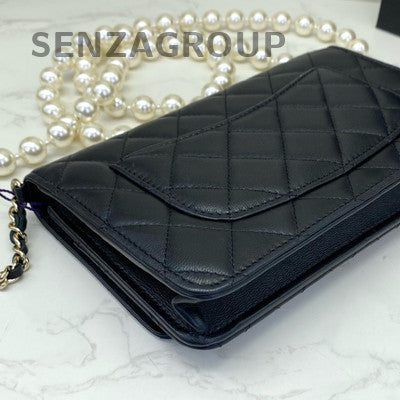 Chanel Quilted Black Silver Lambskin WOC Pearl Chain Crossbody Bag