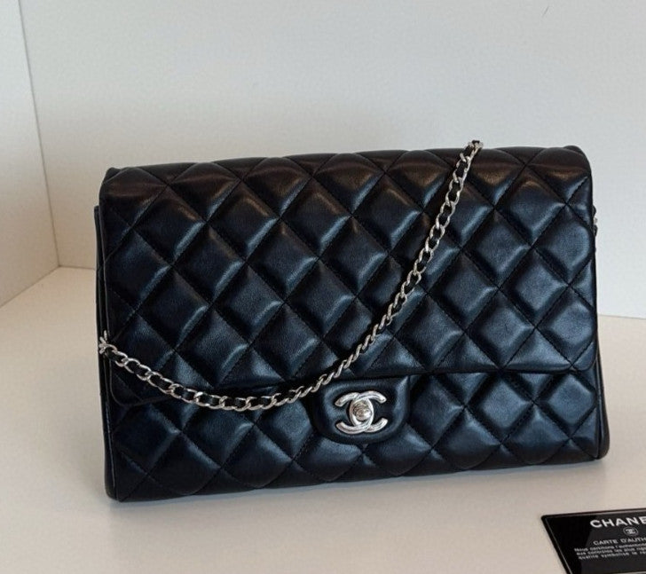 Chanel Timeless Chain Lambskin Shoulder Bag Black Silver Diamond Women Classic