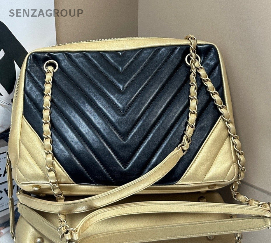 Chanel  Multicolor V Pattern Chain Shoulder Bag Black Yellow Women Classic