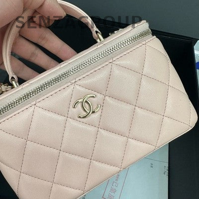 Chanel Quilted Vanity Case Pink Gold Handle Top Handle Crossbody Bag