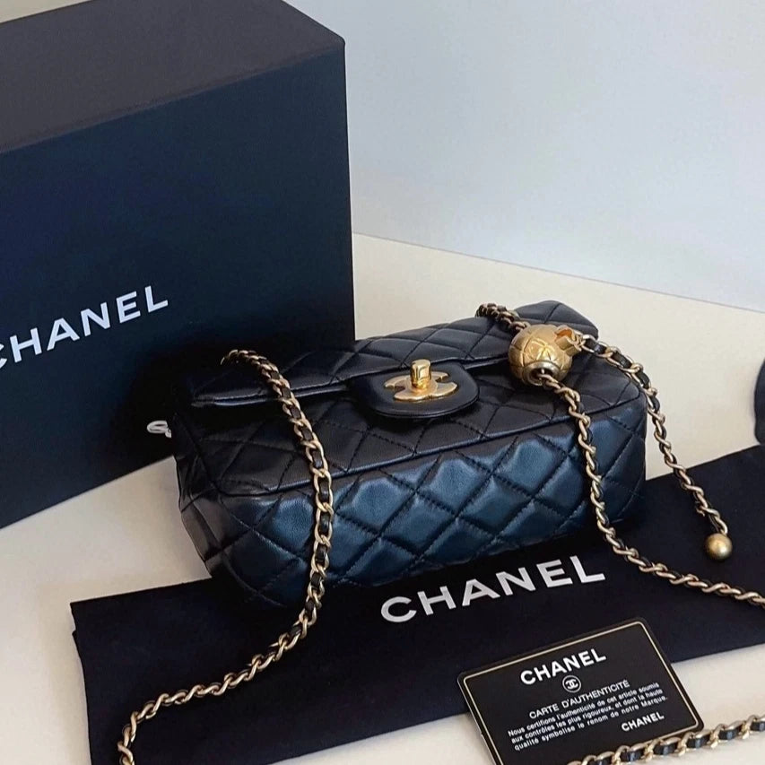 Chanel Classic Flap Mini Chain Shoulder Crossbody Black Gold Women Diamond