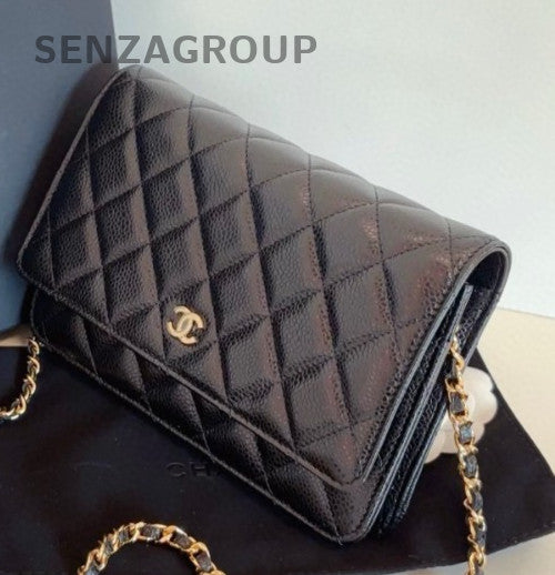 Chanel WOC Chain Shoulder Bag Crossbody Black Gold Women Classic Diamond