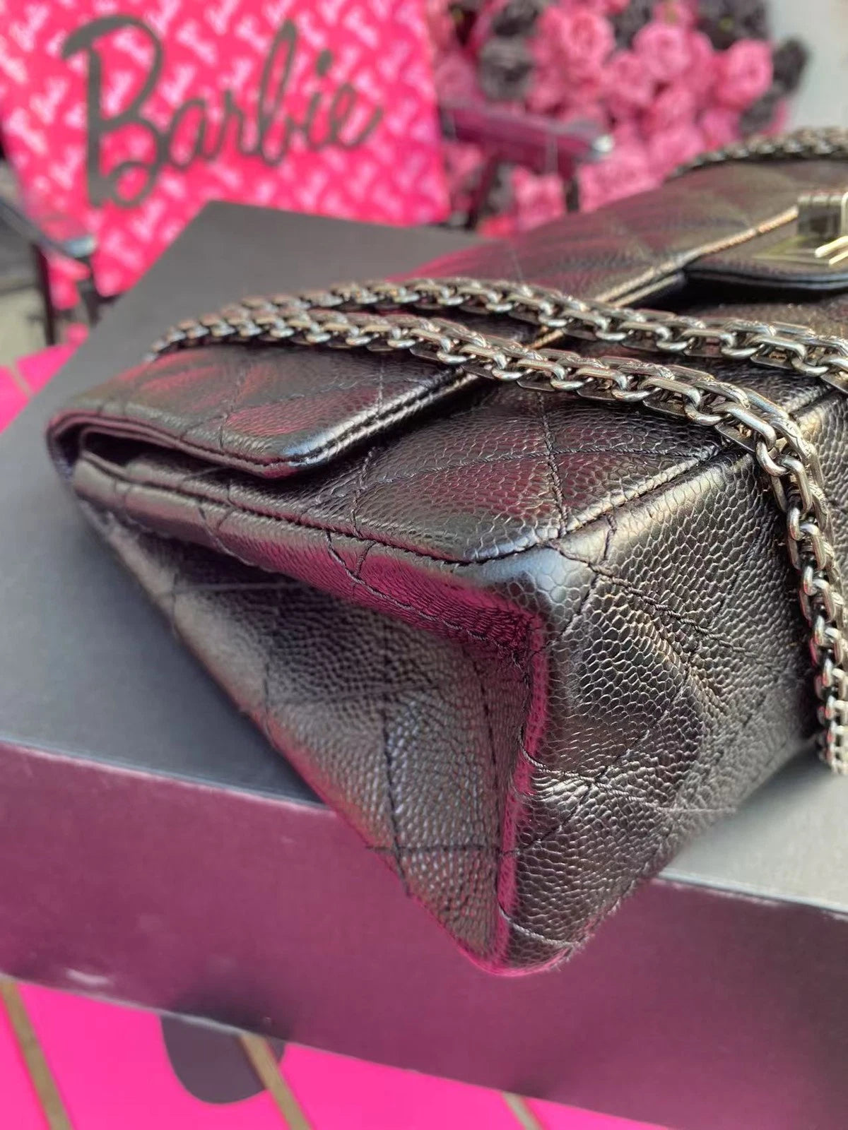 CHANEL Black Silver Leather Shoulder Crossbody Bag For Women