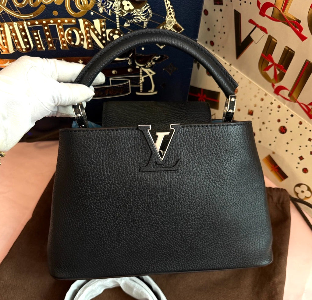 Louis Vuitton Capucines BB Calfskin Top Handle Bag Crossbody Black Silver Women
