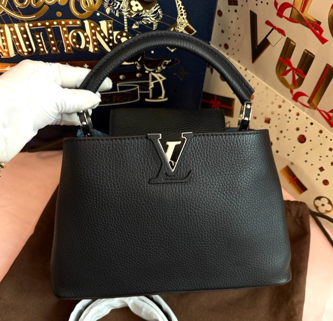 Louis Vuitton Capucines BB Calfskin Top Handle Bag Crossbody Black Silver Women