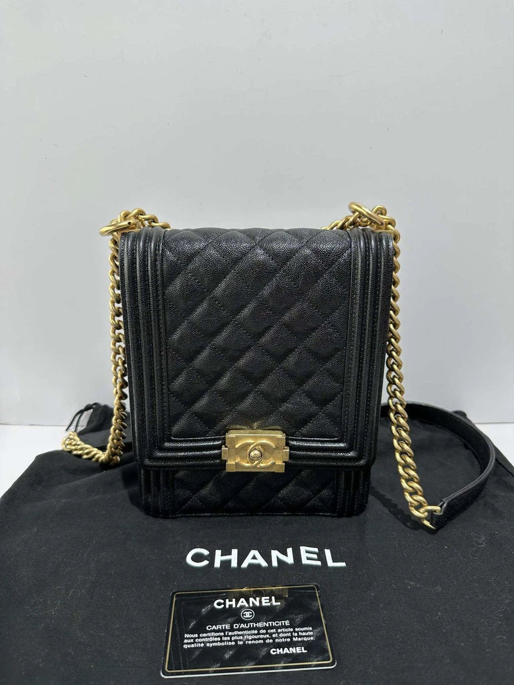 CHANEL Vertical Leboy Black Gold Leather Shoulder Bag For Women
