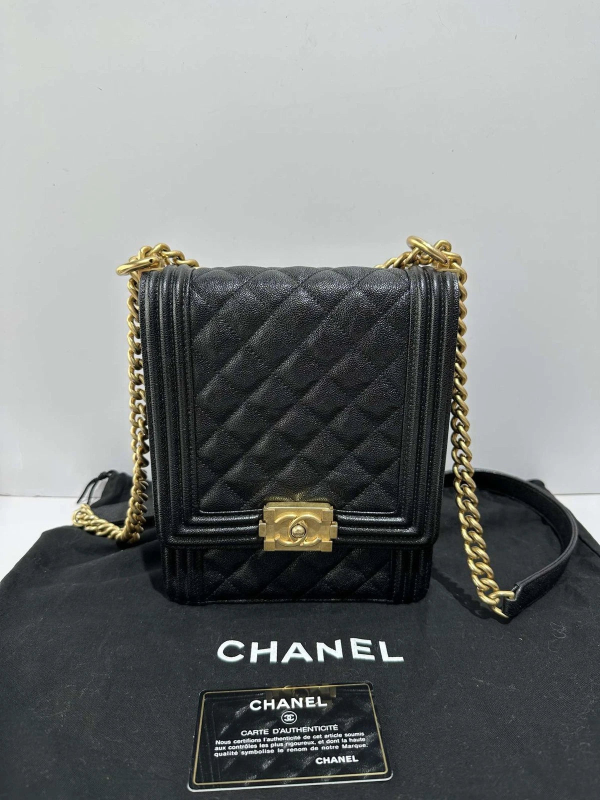 CHANEL Vertical Leboy Black Gold Leather Shoulder Bag For Women