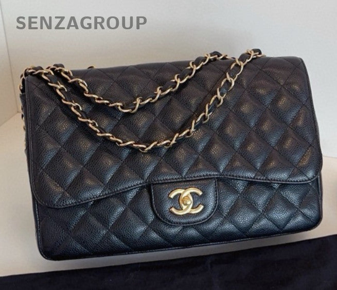 Chanel Classic Flap Jumbo Chain Shoulder Bag Black Gold Women Fashion Diamond