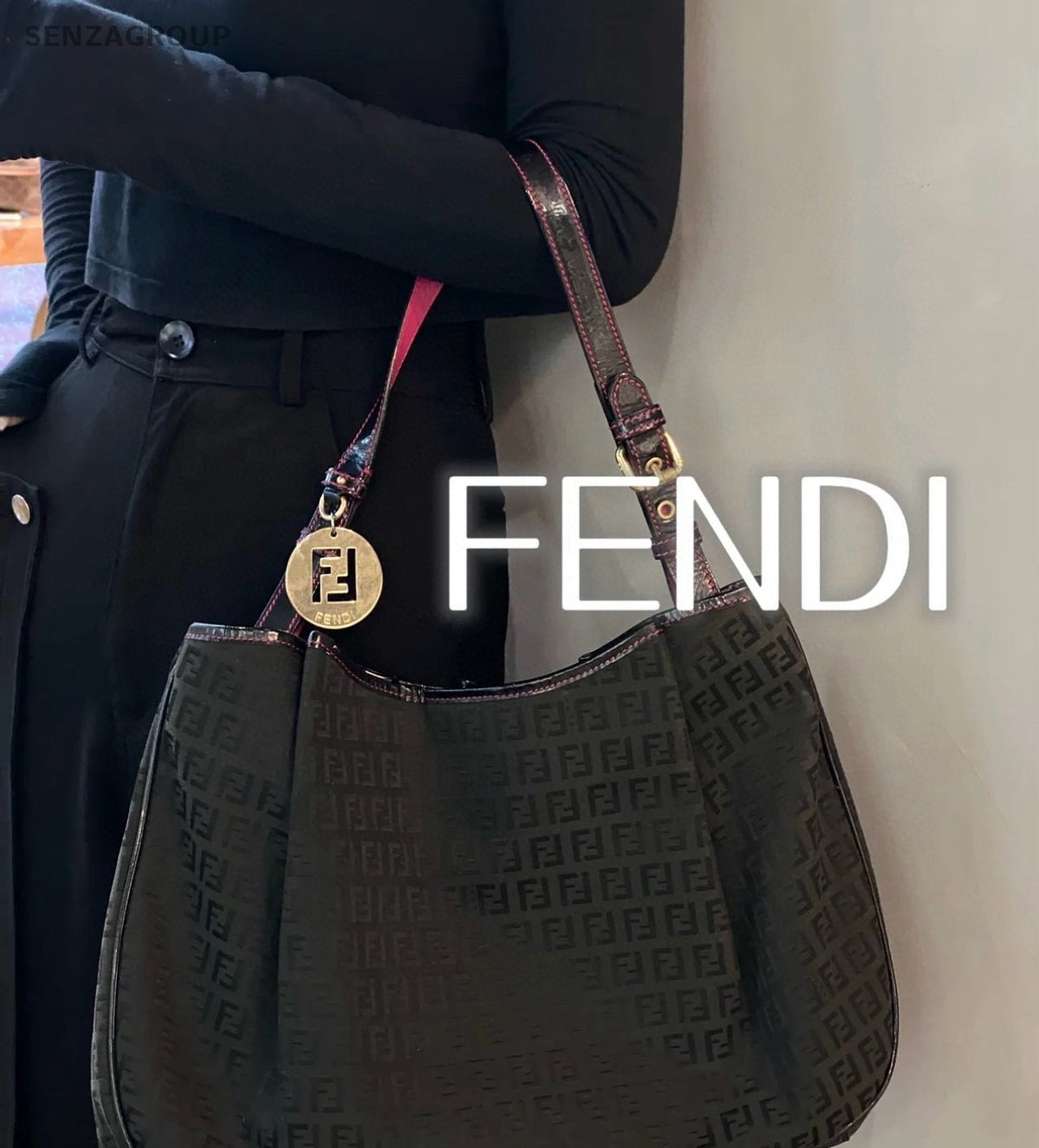 Fendi Monogram Canvas tote Top Handle Shoudler bag Black Women