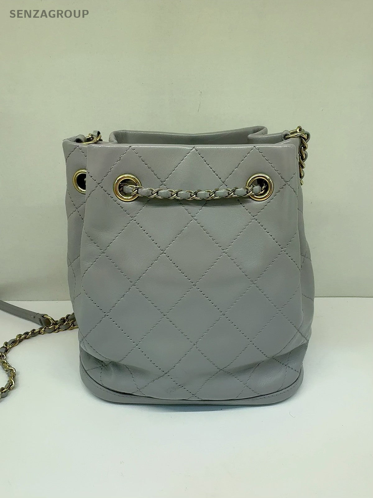 CHANEL Bucket Drawstring Calfskin Chain Shoulder bag Crossbody Gray Gold Women