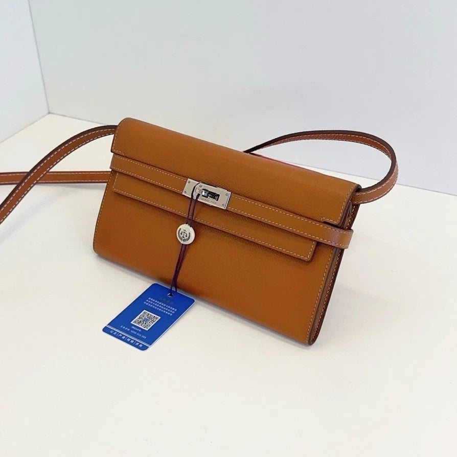 Authentic Hermes Kelly Long Wallet Epsom Shoulder Crossbody Bag Brown SHD