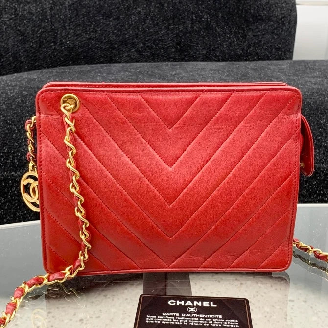 Chanel Chevron Calfskin Chain Shoulder Crossbody Bag Red Gold Women S