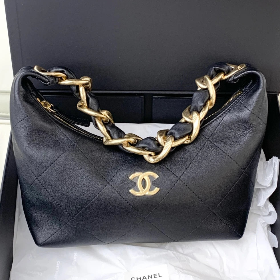 Chanel Calfskin Hobo Chain Top Handle Shoulder Bag Black Gold Women Fashion S