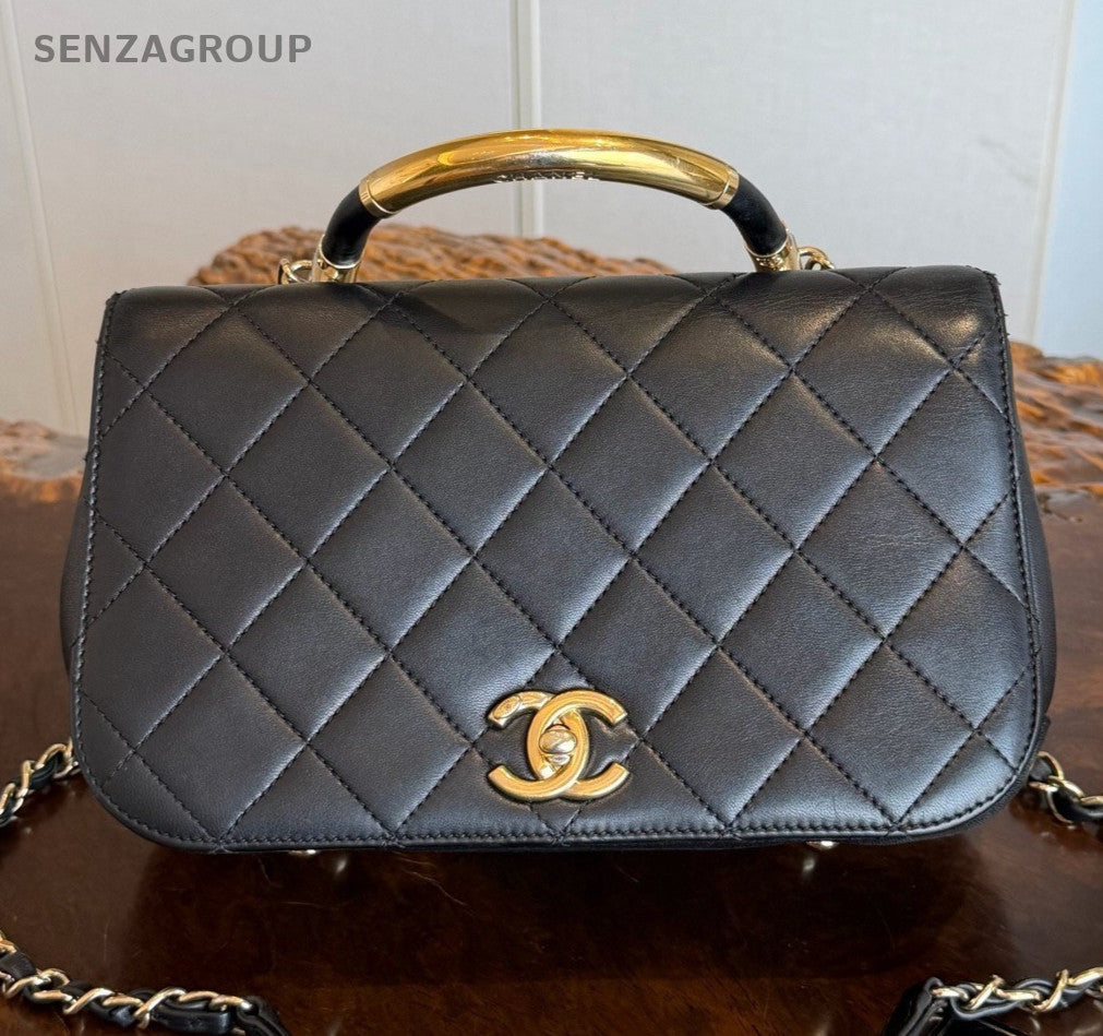 Chanel Handle Bag Diamond Lambskin Black Gold Chain Shoulder Bag Crossbody Women