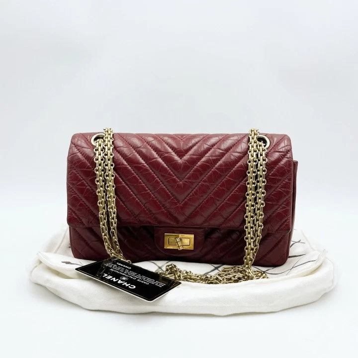 Chanel 2.55 Medium V Pattern Red Leather Shoulder Bag For Women