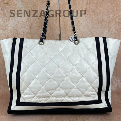 Chanel Black White Lambskin Tote Chain Shoulder Bag Women's Quilted