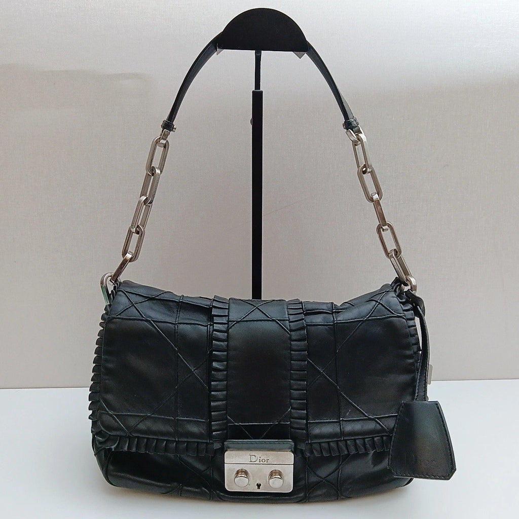Christian Dior Calfskin Chain Black Silver Shoulder Bag Women Classic