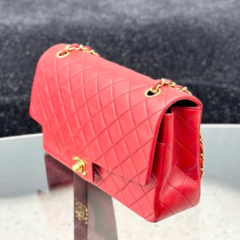 Chanel Vintage Classic Flap Chain Lambskin Shoulder Bag Red Gold Women S
