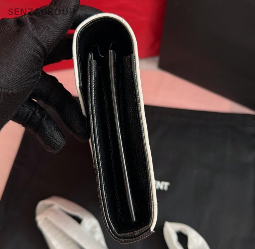 Saint Laurent Calfskin Envelope Shoulder Bag Crossbody Black White Silver Women