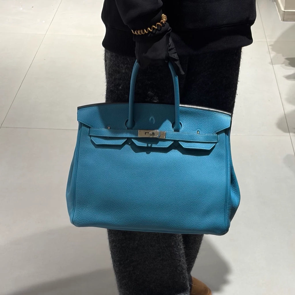Hermes Birkin35 Togo Leather Tote Blue Handbag Silver Hardware