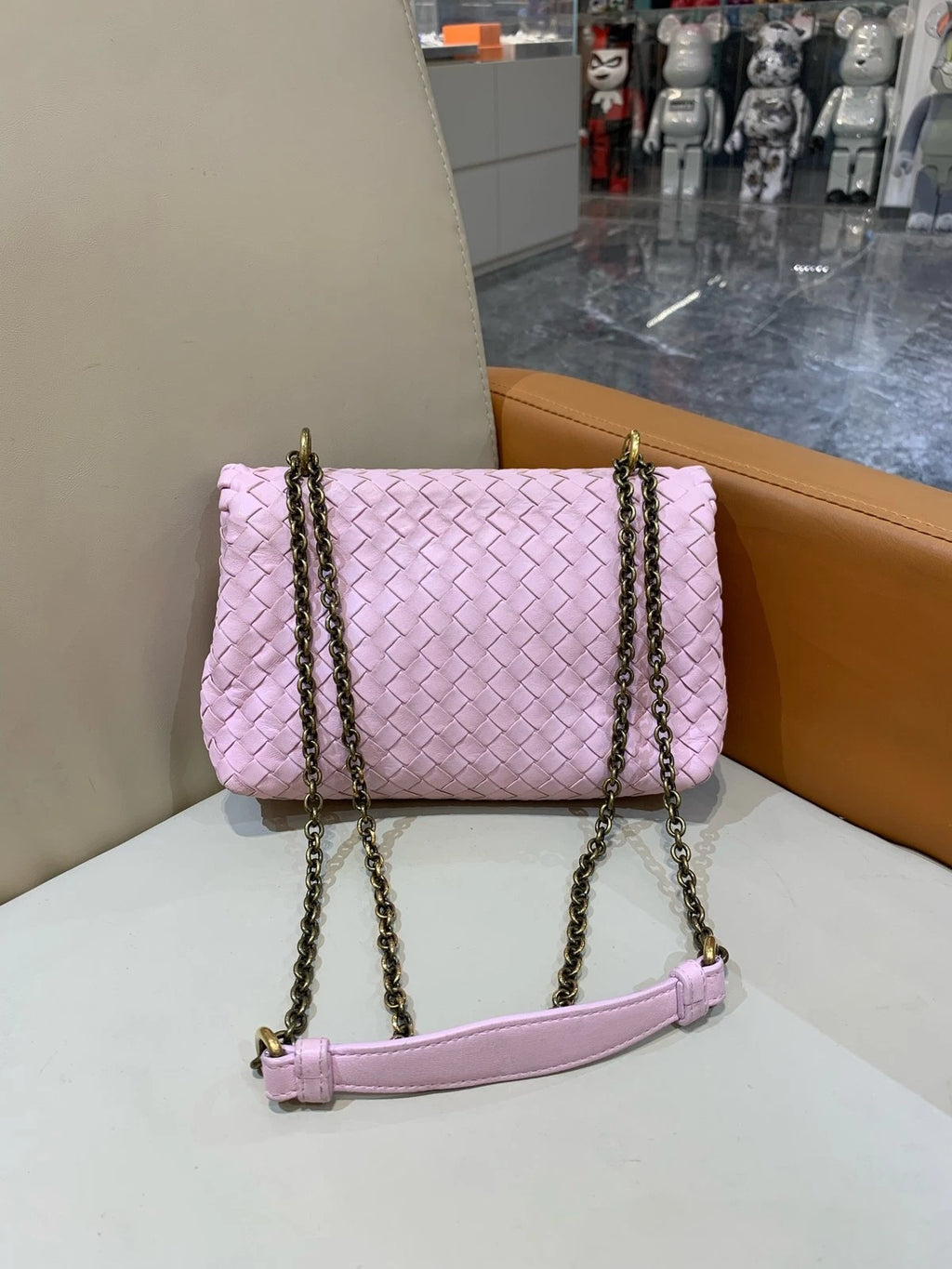 Bottega Veneta Small Olympia Pink Woven Lambskin Shoulder Crossbody Women
