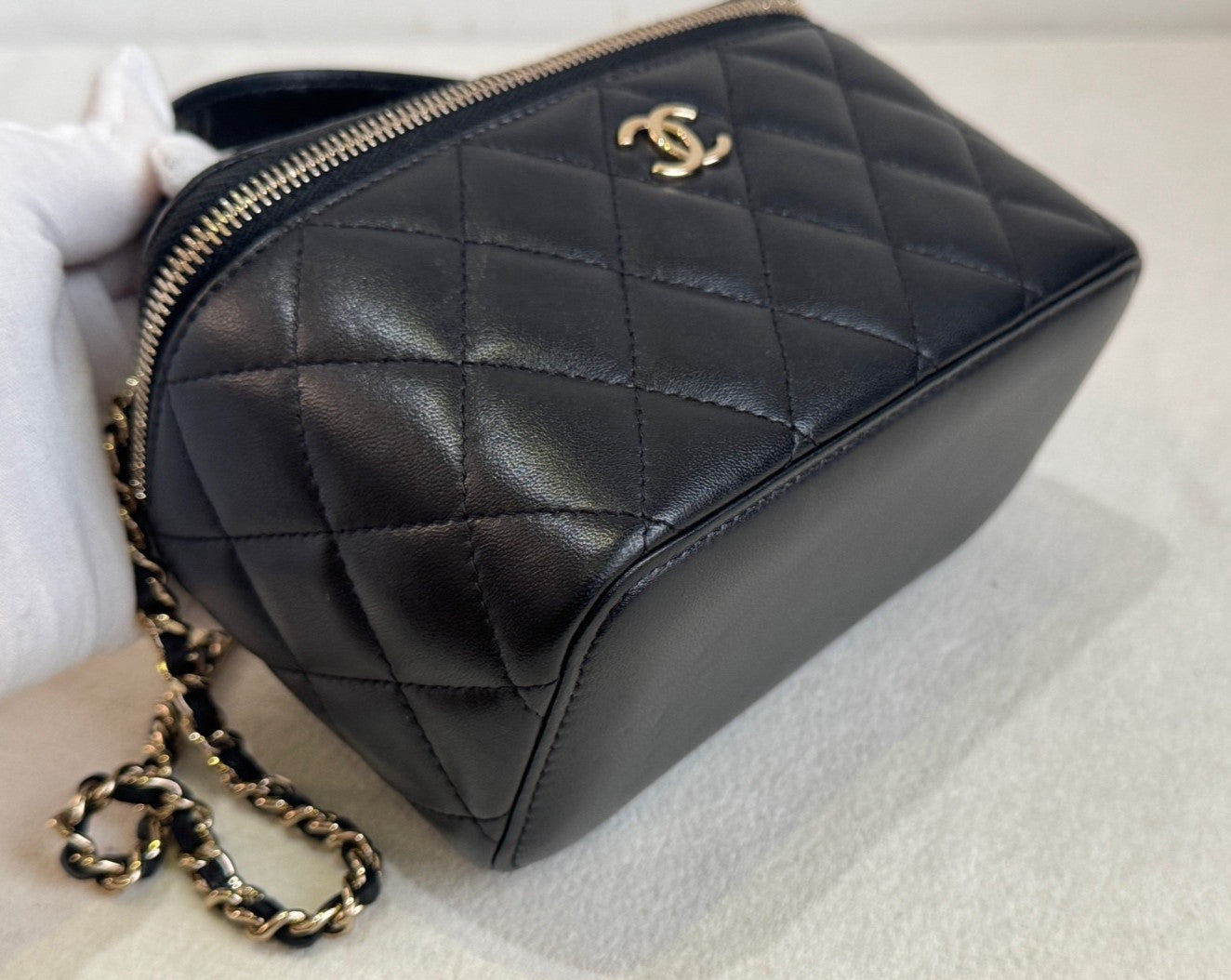 Chanel Vanity Case Diamond Top Handle Chain Crossbody Black Gold Women Classic