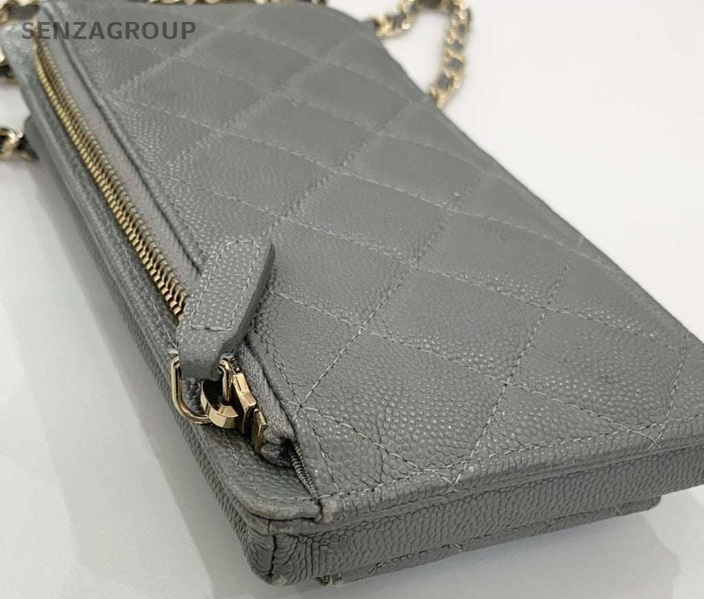 Chanel Calfskin Chain Shoulder Bag Crossbody Gray Gold Diamond Women Classic