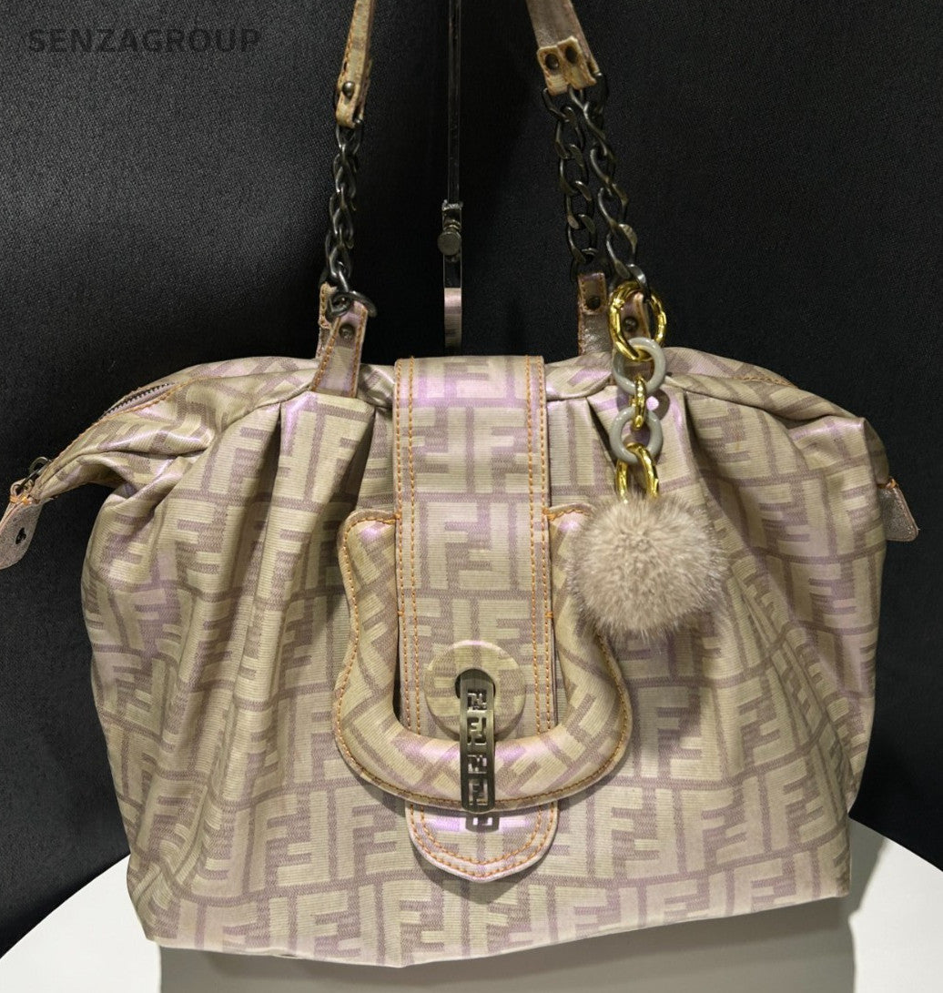 FENDI Monogram Vintage Chain Shoulder Bag Brown Gold Used Women Classic