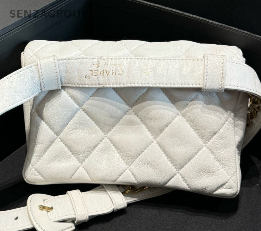 Chanel Diamond Lambskin Waist Bag Crossbody White Gold Women Classic Vintage