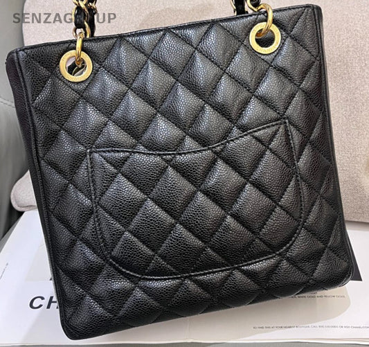 Chanel PST Chain Shoulder Bag Black Gold Used Women Classic Diamond Designer