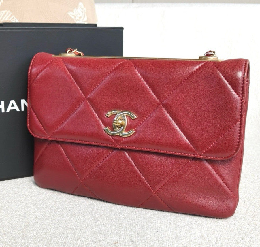 Chanel Trendy CC Lambskin Shoulder Bag Red Gold Diamond Women Classic Fashion
