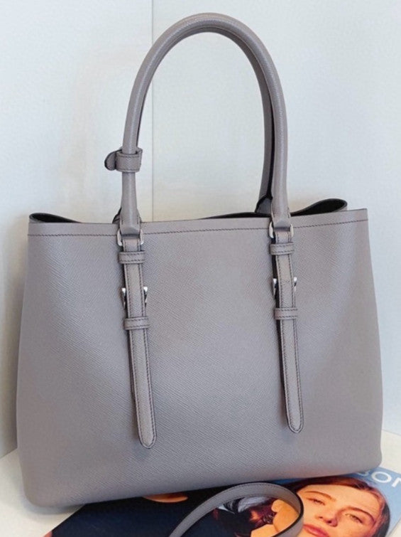 PRADA Double Bag Tote Cross pattern Elephant Gray 2WAY Shoulder Handbag Women